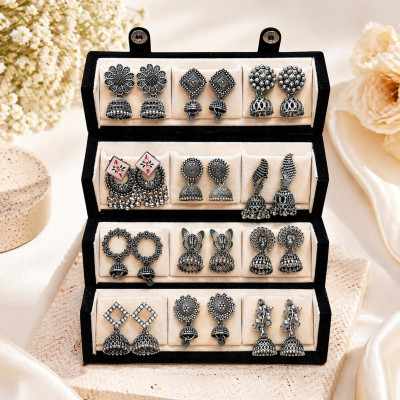Mirakii Jewels Trending 12 Pairs Traditional Oxidized & Gold-Plated Jhumka Earrings Alloy Chandbali Earring, Earring Set, Jhumki Earring