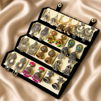 DELIZZA Trendy Random 12 Pair Combo Jhumki Stud Earrings with Velvet Box for Women. Diamond Alloy Jhumki Earring, Earring Set