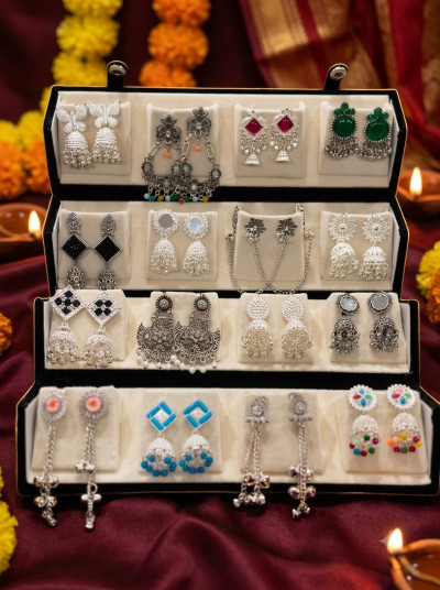 Sawariya jewels 16 Pair Silver Oxidized Earrings Collection Ethnic Jhumka Set for Women Girls Alloy Jhumki Earring